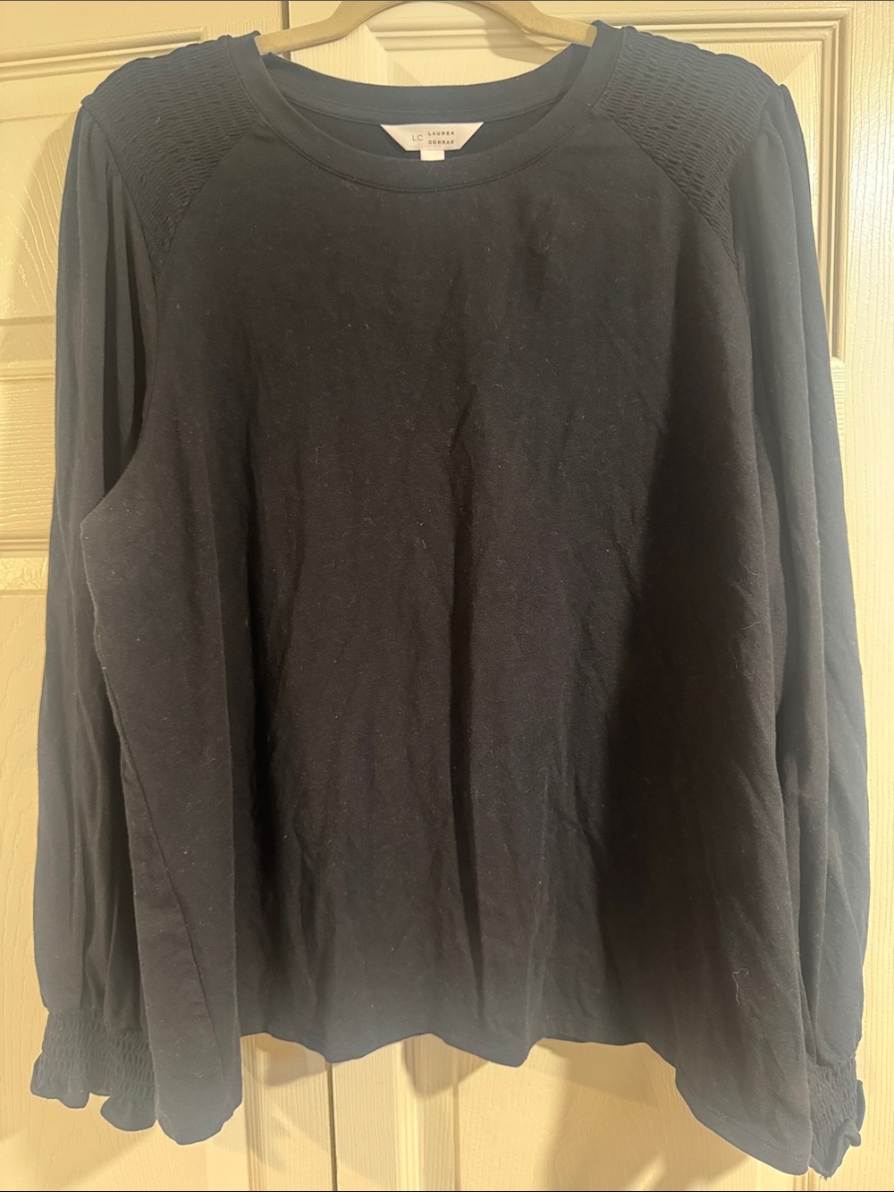 LC Lauren Conrad Black Crewneck Textured-Shoulder Blouse-XXL